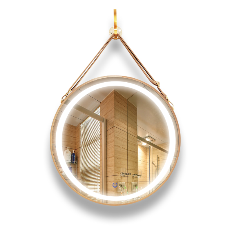 Living Room Salon Deconative Aluminum Framed Round Mirror, jossa PU hihna