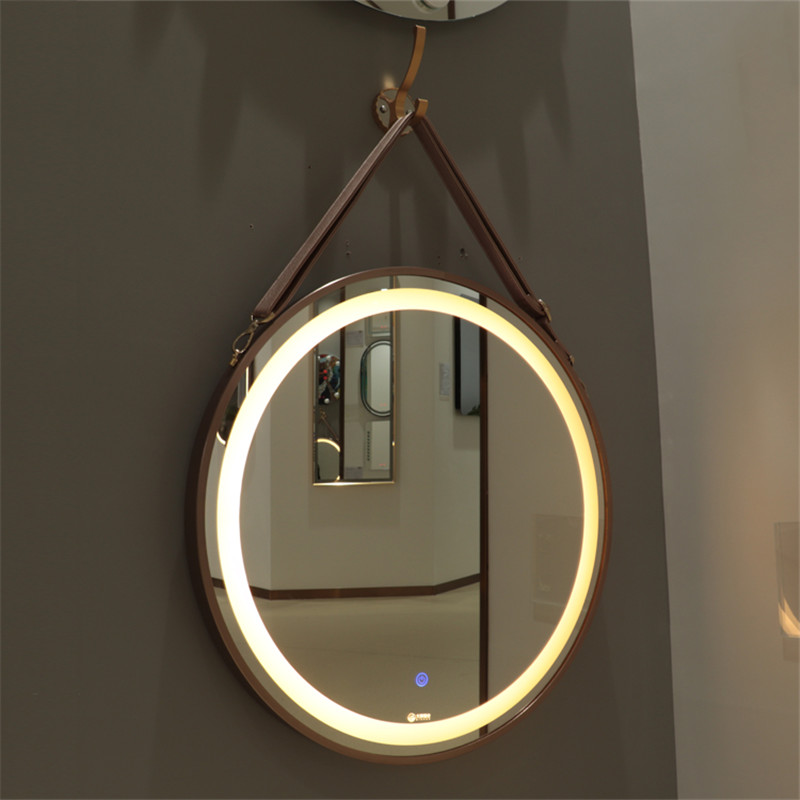 Living Room Salon Deconative Aluminum Framed Round Mirror, jossa PU hihna