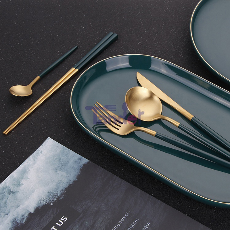 Green Hand Stainless Steel Wedding Full Ravintola Matte Gold Spoon Fork Knife Cutlery Set