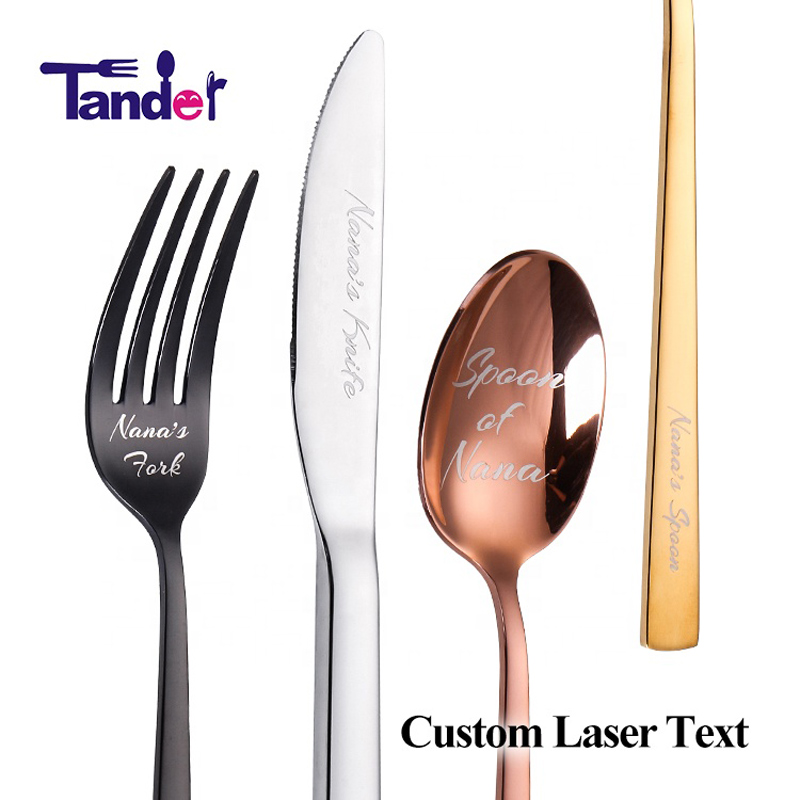 Oma laser Nimesi Logo Teksti ruostumattomasta teräksestä leikkuri Aseta veitsi haarukalla