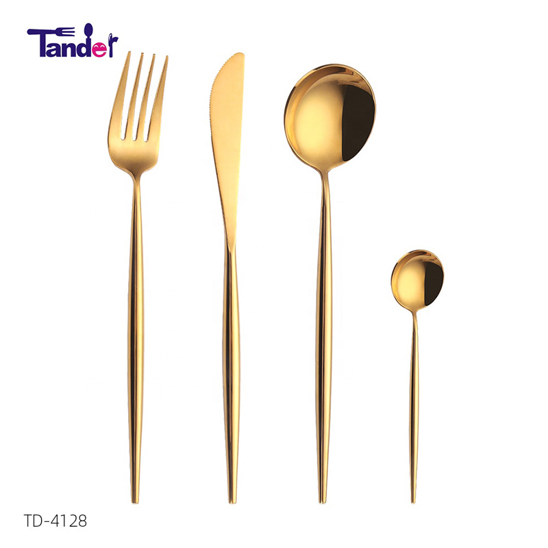18/8 ruostumattomasta teräksestä valmistettu LFGB korkea peili, pieni määrä varastossa astioita, kultaisia ​​ruokailuvälineitä