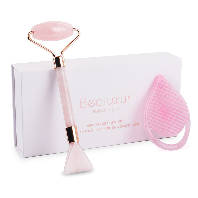 Jade Roller, 100% Rose Quartz Roller &Scrapling Plate &Mask Brush and Face Clearing Brush 4 Functional Face Massager for Face Eye Neck Body