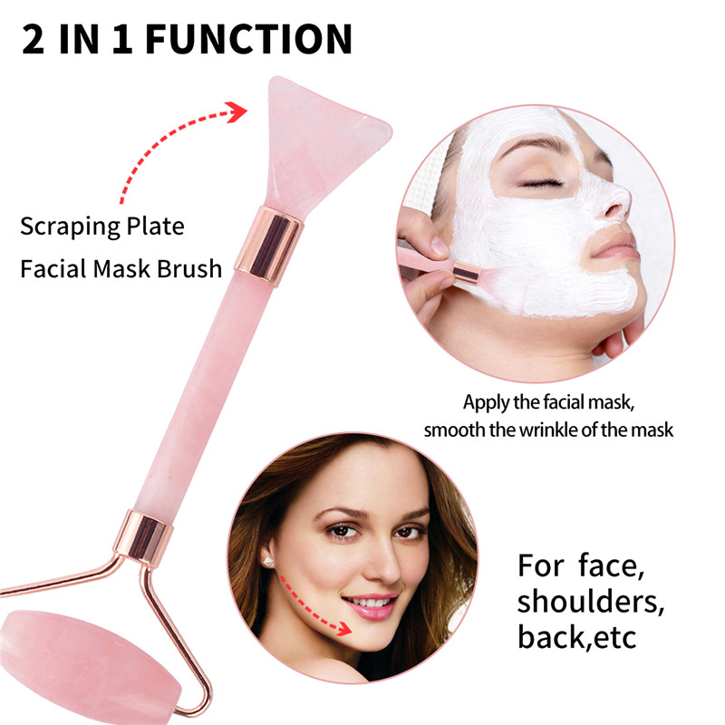 Jade Roller, 100% Rose Quartz Roller &Scrapling Plate &Mask Brush and Face Clearing Brush 4 Functional Face Massager for Face Eye Neck Body