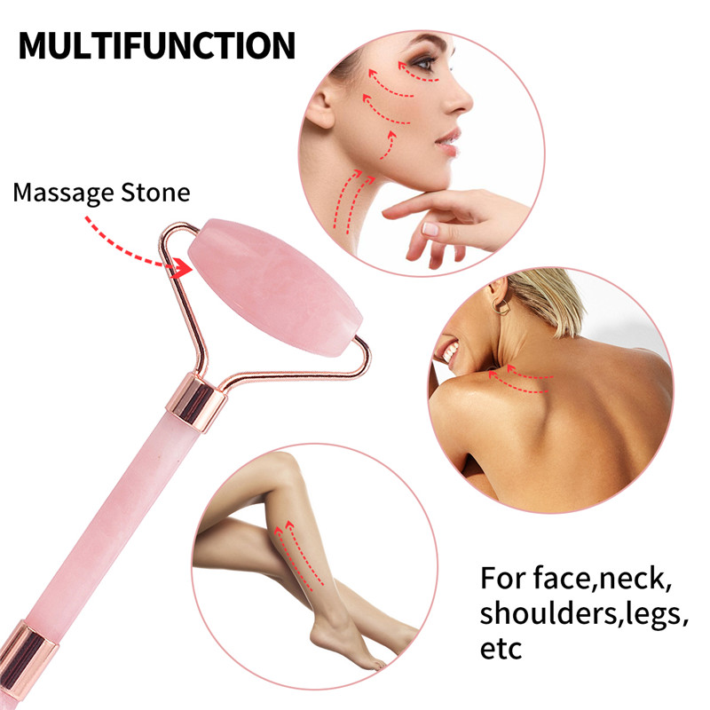 Jade Roller, 100% Rose Quartz Roller &Scrapling Plate &Mask Brush and Face Clearing Brush 4 Functional Face Massager for Face Eye Neck Body