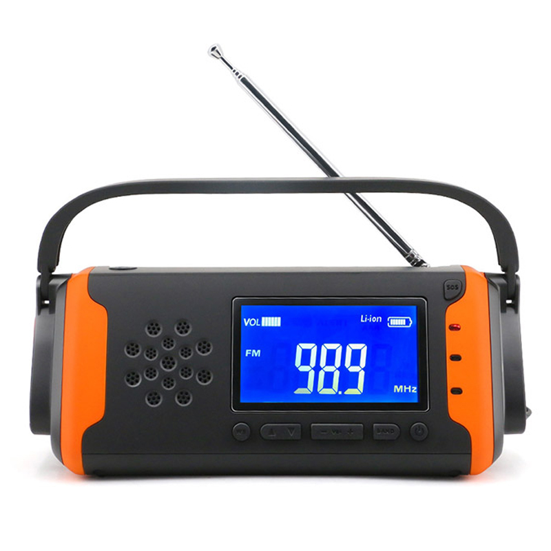 LCD-digitaalinen hätäsäädöradio, aurinko käsikäyttöinen AM \/ FM NOAA -radio LED-taskulampulla, AUX-in-musiikkisoitin, 4000 mAh: n virtapankki matkapuhelinlaturille ja SOS-hälytys
