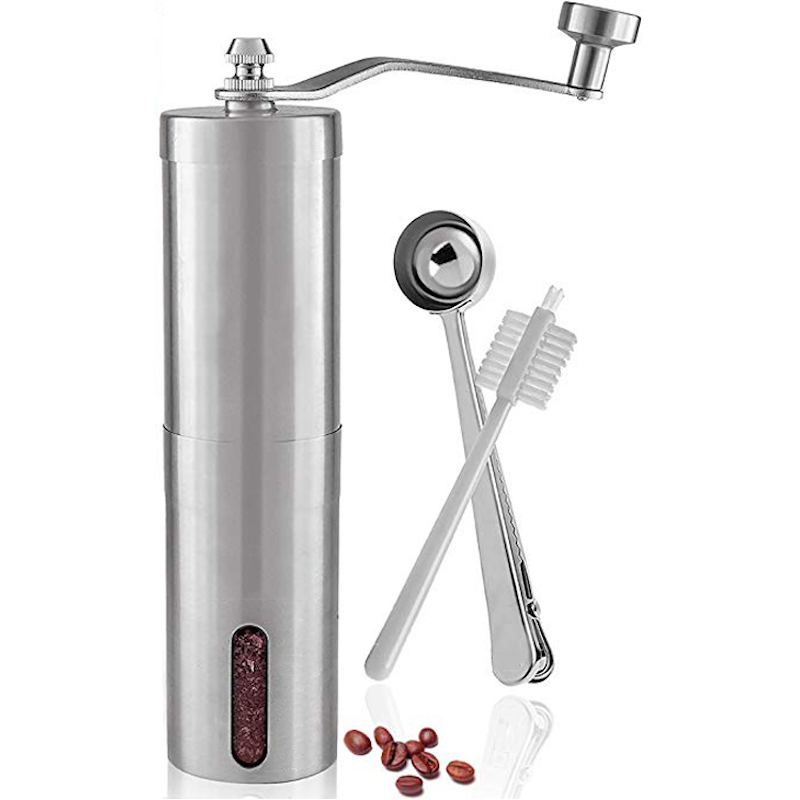 Stainless Steel Cordless Portable Manual Coffee Grinder Conical Burr Hand Coffee Bean Grinder Measuring Brush Spoon