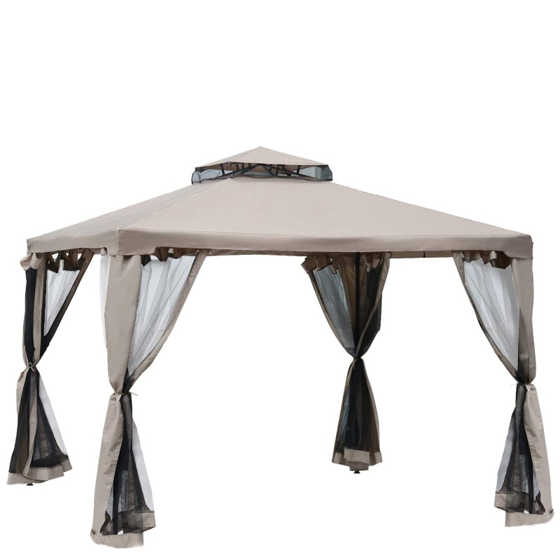 10’ x 10’ Patio Gazebo Pavilion Canopy Tent, 2-Tier Soft Top, Netting Mesh Sidewalls, Taupe