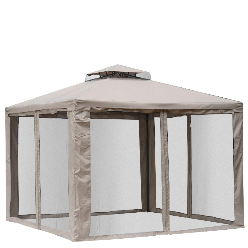 10’ x 10’ Patio Gazebo Pavilion Canopy Tent, 2-Tier Soft Top, Netting Mesh Sidewalls, Taupe