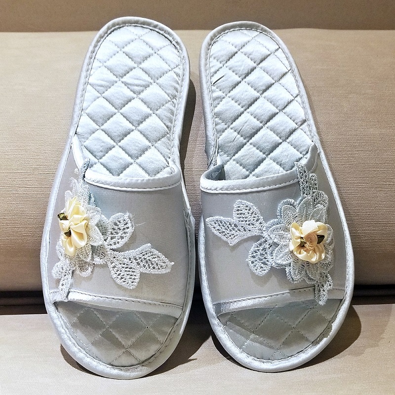 Quilted Silky Satin Emmordiery Slides