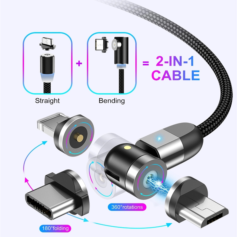 2. Gen 540 Kierto Micro USB-tyyppi C Magneettinen latauskaapeli Nylon Braide Magneettinen lataus USB-kaapeli