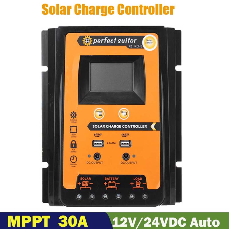PWM 30A 12V 24VDC Solar Lake Akun säätimen ohjain aurinkopaneeli, jossa on kaksi USB-lähtö LCD-näyttö