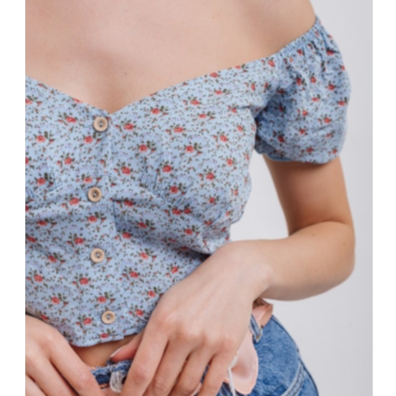 Off-the-Shoulder Blue Flowers lyhyt kesäpaita
