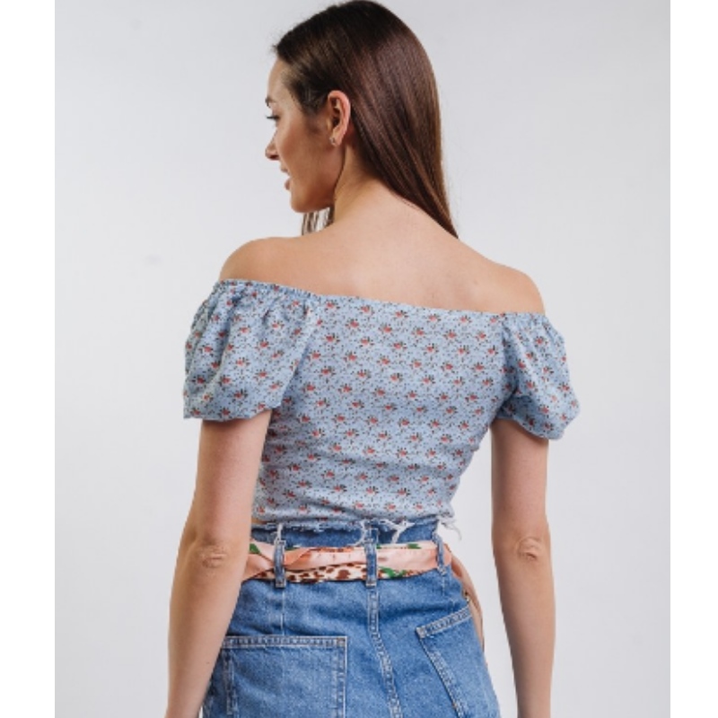 Off-the-Shoulder Blue Flowers lyhyt kesäpaita