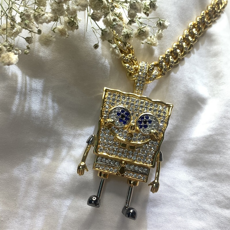 Muoti sarjakuva Spongebob SquarePants Inlaid Zircon riipus Hip Hop Street Trend kaulakoru