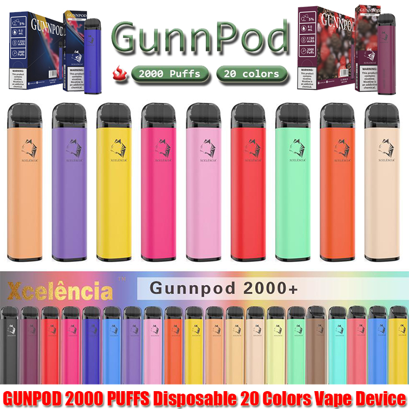 Gunnpod 2000 puffs esitäytetty kertakäyttöinen vape 1250mAh akku e Vakuus Deivce 18350 8ml Vaporizer Starter Kit vs elf Bar 20 Flavs Pen Pod Puff Gunpod