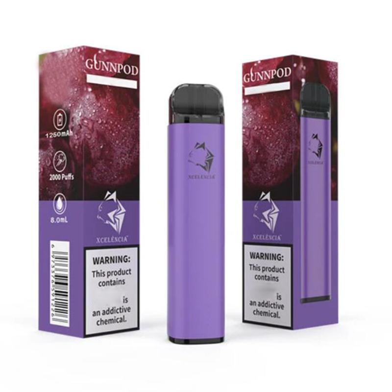 Gunnpod 2000 puffs esitäytetty kertakäyttöinen vape 1250mAh akku e Vakuus Deivce 18350 8ml Vaporizer Starter Kit vs elf Bar 20 Flavs Pen Pod Puff Gunpod