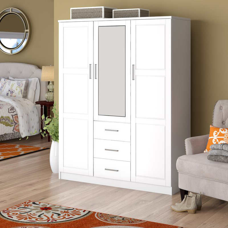 MWD22008-massiivi puuperhe vaatekaappi/closet/closetti, 3-ovinen vaatekaappi peili ja 3 laatikkoa, valkoinen.