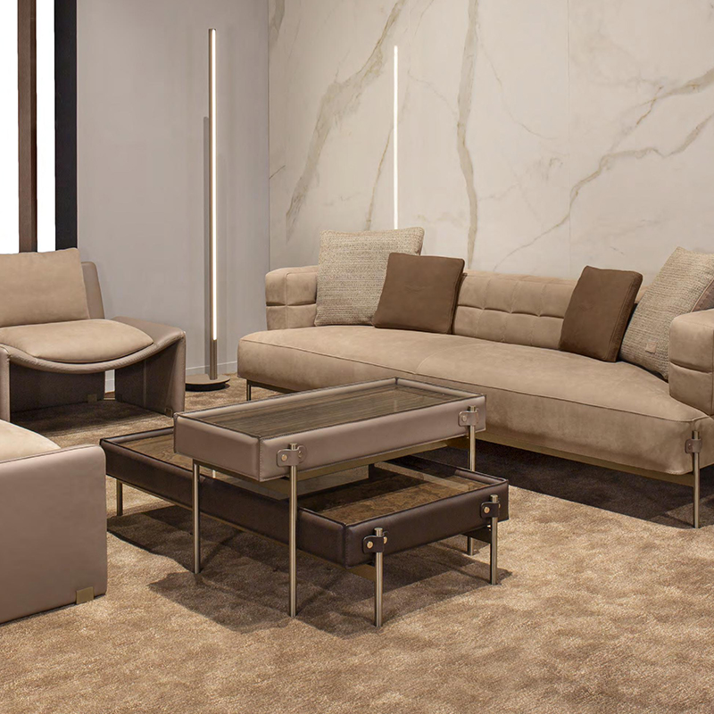 Italialainen minimalistinen yhdistelmä pesintä Suunnittelu Ruostumaton teräs jalat Suorakulmion luonnollinen puupääpöytänahka sohvapöydän sarja