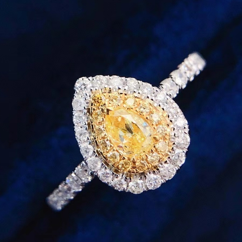 18k Solid Gold 0.65CT Water Drop Yellow Diamond Stone 1.9G sitoutuminen rengas tyttö