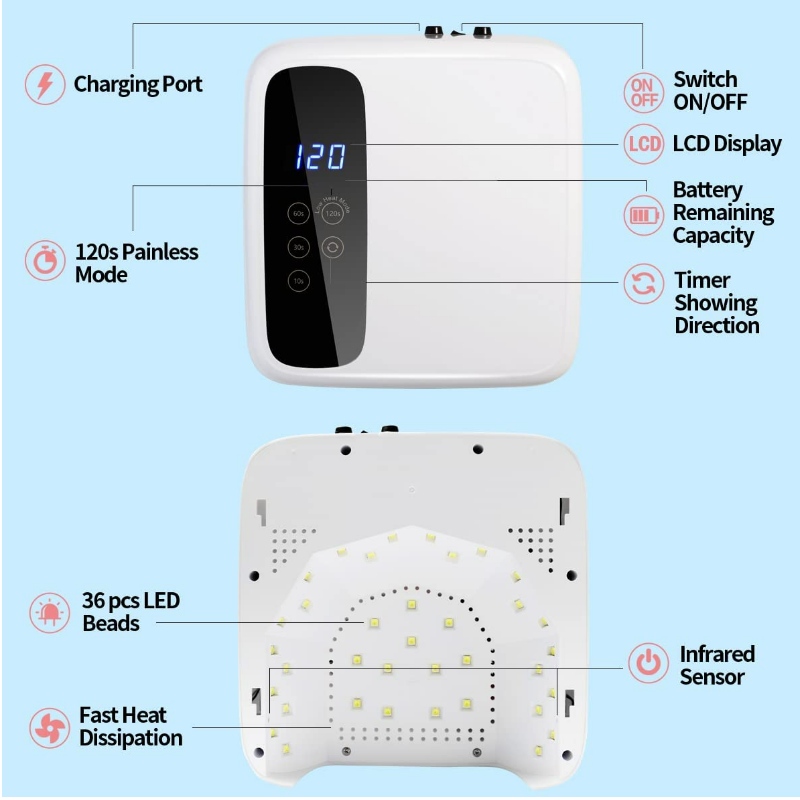 M&R 602Pro Cadin LED -kynsilamppu, langaton kynsien kuivausrumpu, 72W ladattava LED -kynsivalo, kannettava geeli UV -LED -kynsilamppu 4 ajastimen asetusanturilla ja LCD -näyttö, ammattimainen LED -kynsilamppu geelilakkaan