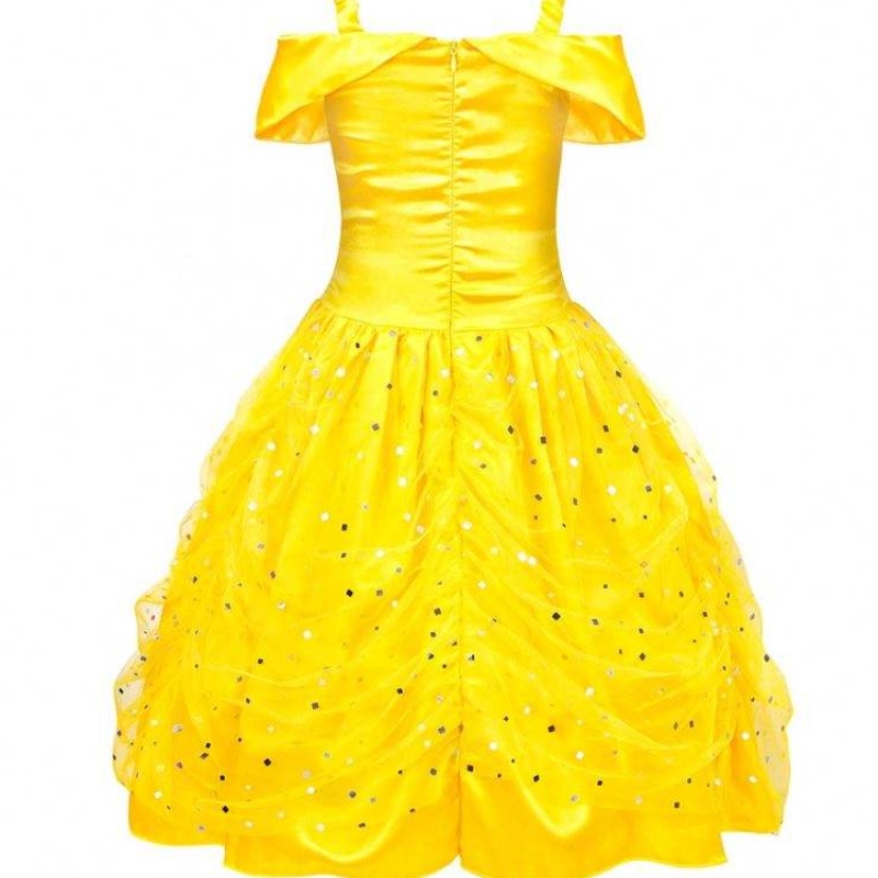 Halloweenin lasten vaatteet kerrostettu olkapääkeltainen prinsessa Belle-puku Little Girls Halloween -mekko HCBL-001