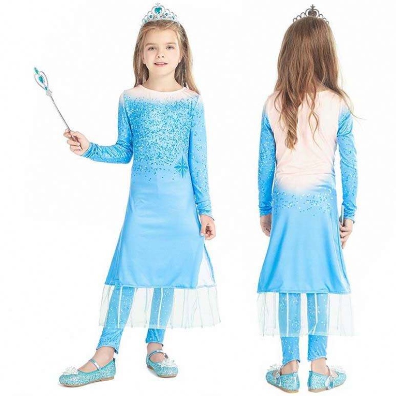 Prinsessa Fancy Little Girls Long Dress Housut 2kpl Elsa-mekko cosplay asusteilla HCGD-021