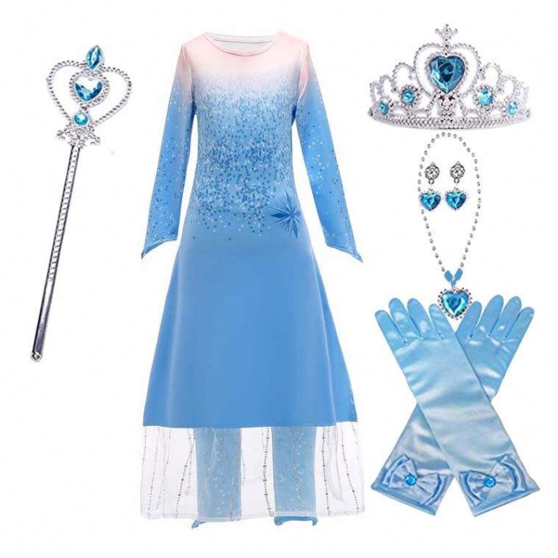 Prinsessa Fancy Little Girls Long Dress Housut 2kpl Elsa-mekko cosplay asusteilla HCGD-021
