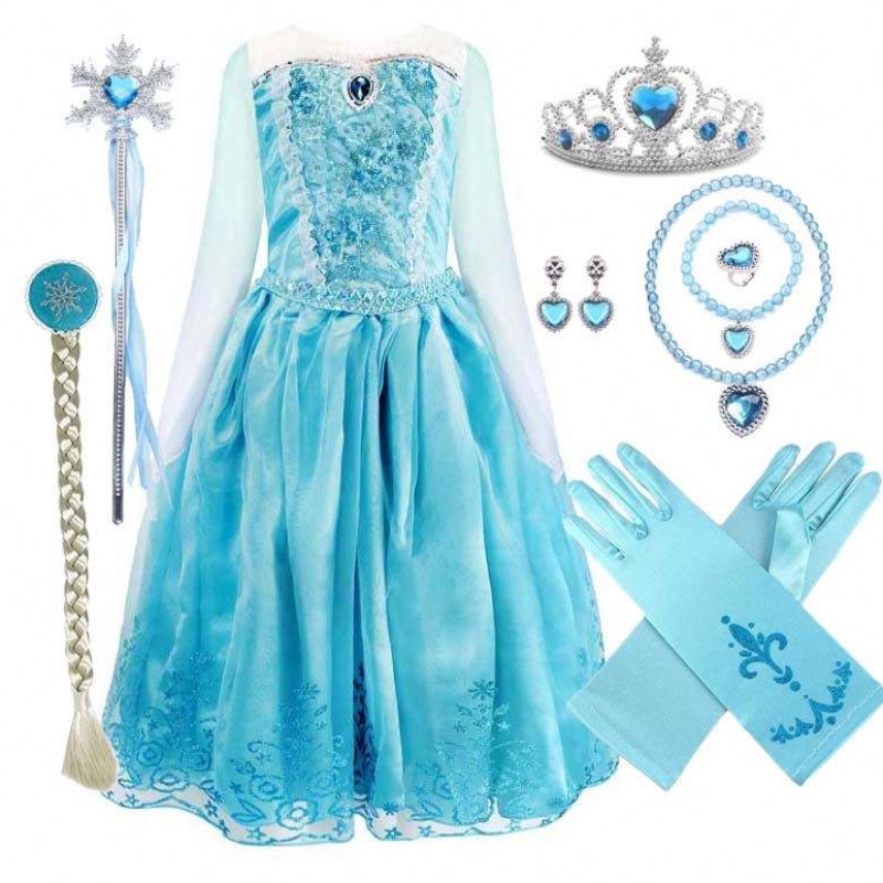 Lapset syntymäpäivänäyttelijä 2-10y paljetti sininen pitkähihainen Halloween Prinsessa Elsa Dress Cosplay HCGD-039