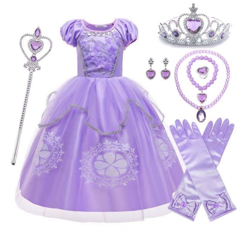 Fancy Party Purple Kids Puff Sleeve Princess Sofia Halloween -puku asusteilla HCRS-005