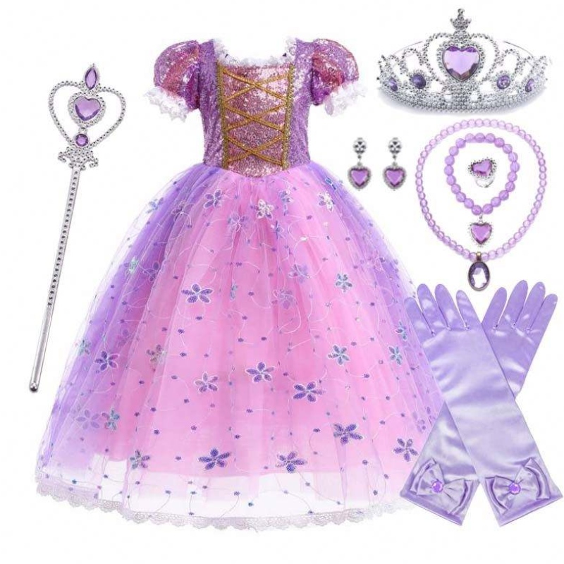 Tyttöjen prinsessa puku Rapunzel Puff Sleeve Sequin cosplay -mekko violetti lisävarusteilla HCRS-007