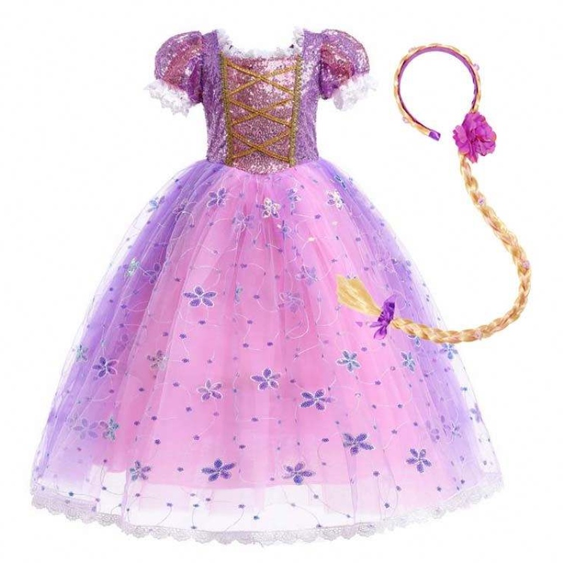 Tyttöjen prinsessa puku Rapunzel Puff Sleeve Sequin cosplay -mekko violetti lisävarusteilla HCRS-007