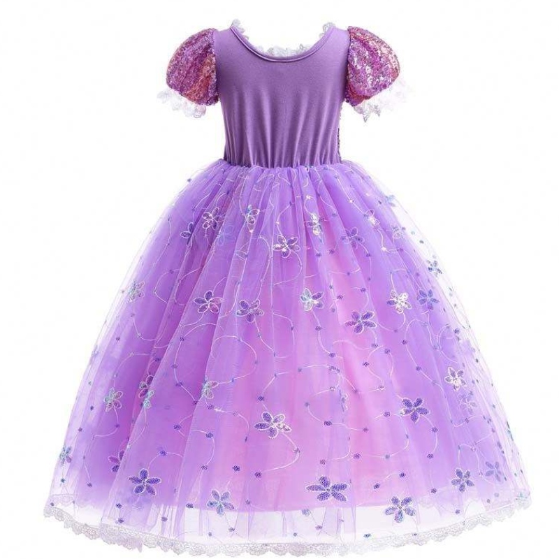 Tyttöjen prinsessa puku Rapunzel Puff Sleeve Sequin cosplay -mekko violetti lisävarusteilla HCRS-007