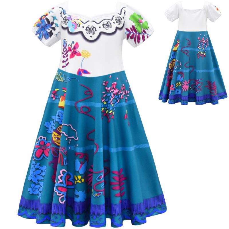 Encanto cosplay -pukutyttömekko karnevaali Halloween Princess -juhlavaatteet Kukka röyhelöt Long mekko tyttö Mirabel -mekko
