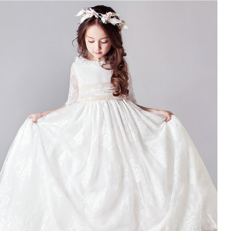 Pitkät valkoiset mekot lapsille tyttöjen prinsessa Tyylikäs häävieraslapset morsiusneiton pitsi mekko juhla illanpuku 3 6 14 vuotta