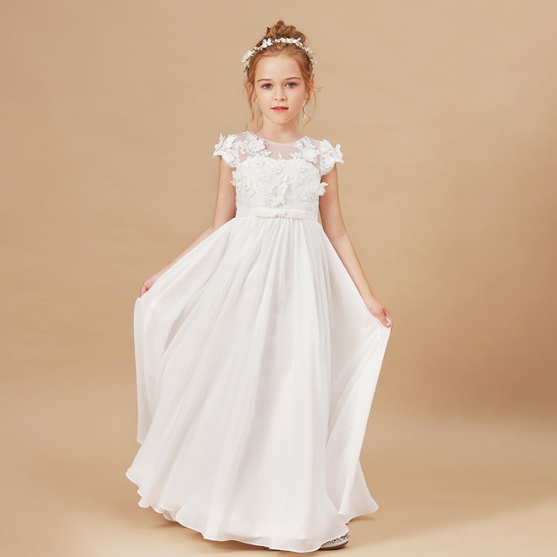 Kukkatyttömekot Applikointi Hihaton lasten syntymäpäiväjuhlat -sivupukujen häät Ensimmäinen Primera Communion Elegant vestidos 2-14