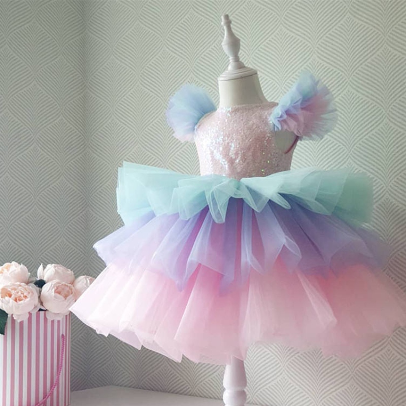 Tyttöjen muodollinen prinsessa pukeutuu lasten pitsi -tylli sateenkaari tyylikäs iltajuhlat kakku tutu prom -puku lasten häät kommunion Puku