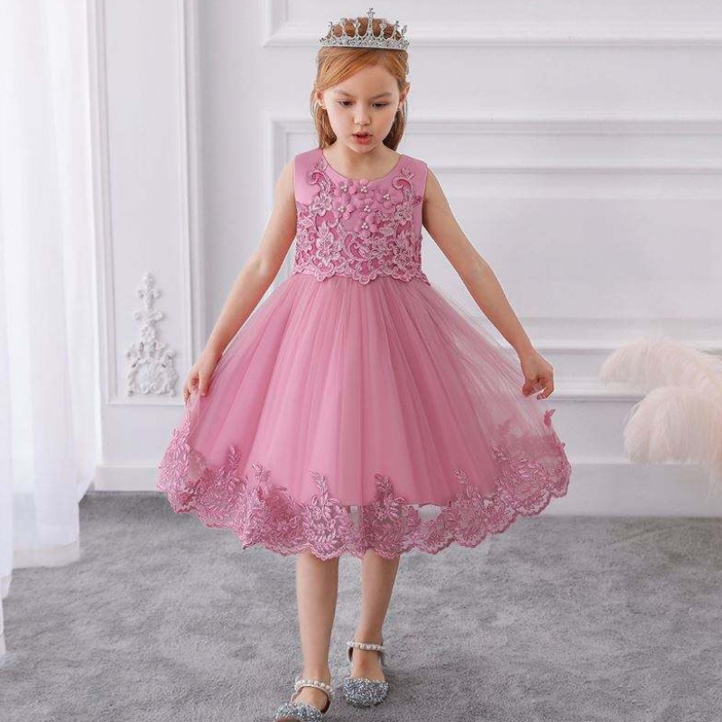 Baige Summer Kids Sequin Party Dress Flower Girl Lace Hihaton Frock Girl Syntymäpäivämekot Kukka tyttö Net -mekot