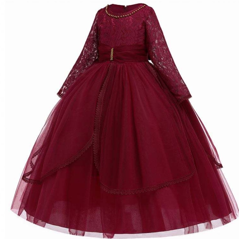 Baige pitkähihainen prinsessakerrokset Maroon tylli -kukkatyttöjen syntymäpäiväjuhlimekot pitsi kukka tyttö mekko