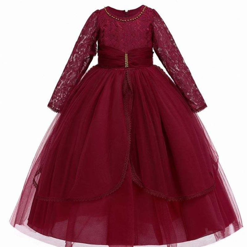 Baige pitkähihainen prinsessakerrokset Maroon tylli -kukkatyttöjen syntymäpäiväjuhlimekot pitsi kukka tyttö mekko