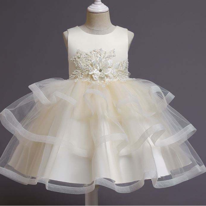 Baige Flower Girl Dress Kids Party Gown Baby Tutu Princess -mekko helmen polven pituus Syntymäpäivävaatteet