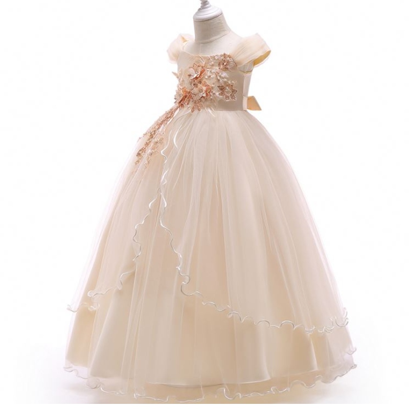 Baige ulkopuolella olkapäät Long Dress Girl Kids Printed Flower Girls -juhlimekot
