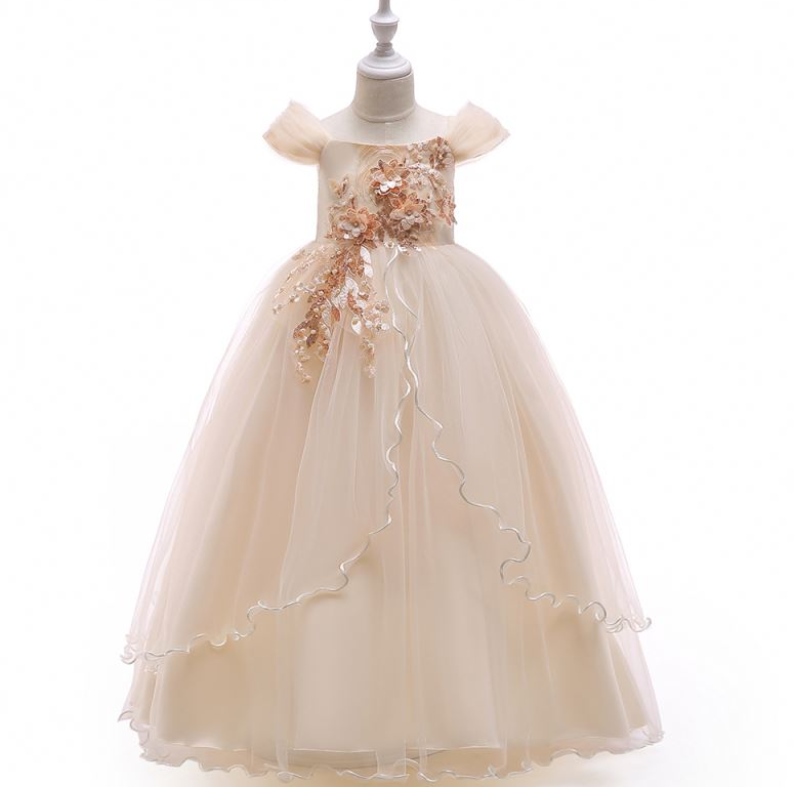 Baige ulkopuolella olkapäät Long Dress Girl Kids Printed Flower Girls -juhlimekot