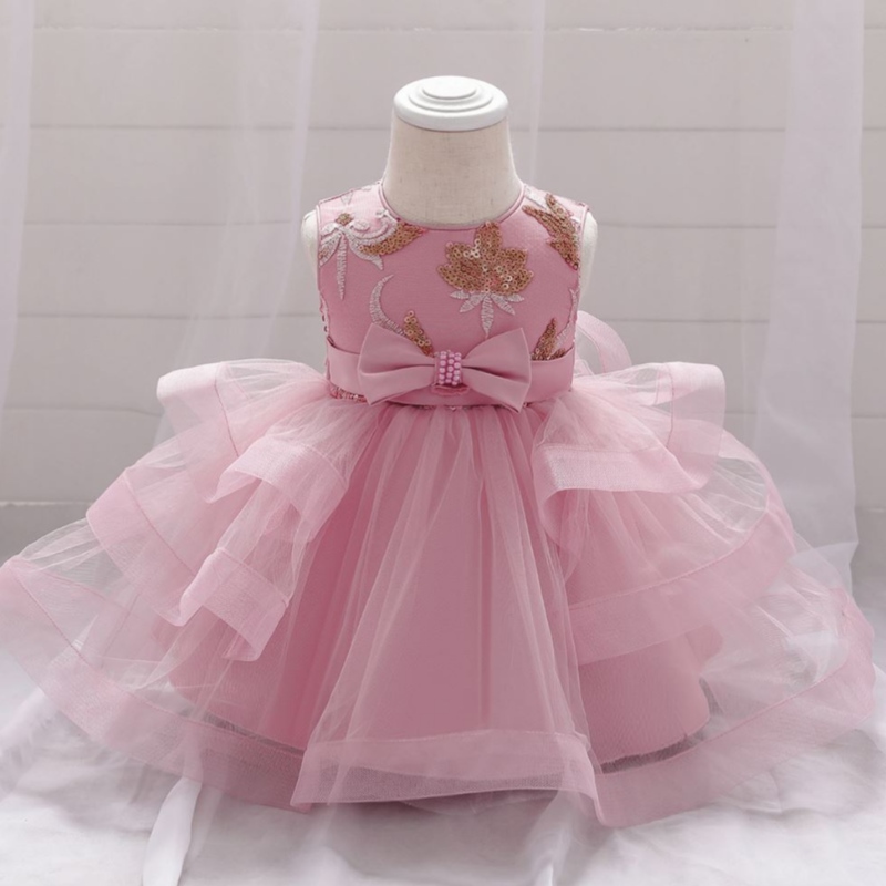 Baige tukkumyynti kirjonta Pearl Bow Design Party Gaby Girls Dress Syntymäpäiväjuhlat Kids Frock L1929XZ
