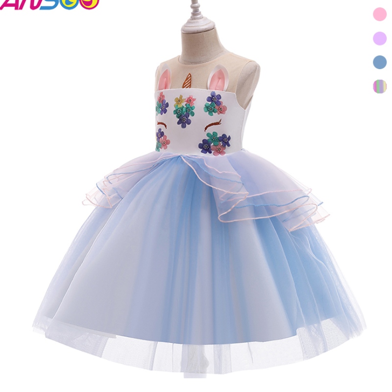 Ansoo yksisarvinen mekko tytölle Rainbow Tutu Princess Dress Kids Syntymäpäiväjuhlimekko Lasten hieno pääsiäispuku