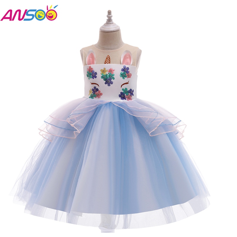 Ansoo yksisarvinen mekko tytölle Rainbow Tutu Princess Dress Kids Syntymäpäiväjuhlimekko Lasten hieno pääsiäispuku
