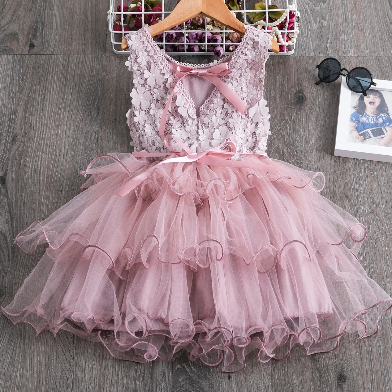 3-8 vuotta pitsi kesämekko tytöille Kukka Tyylikäs hääjuhlat Prinsessa Pukeet Hihaton Backless tutu -mekot