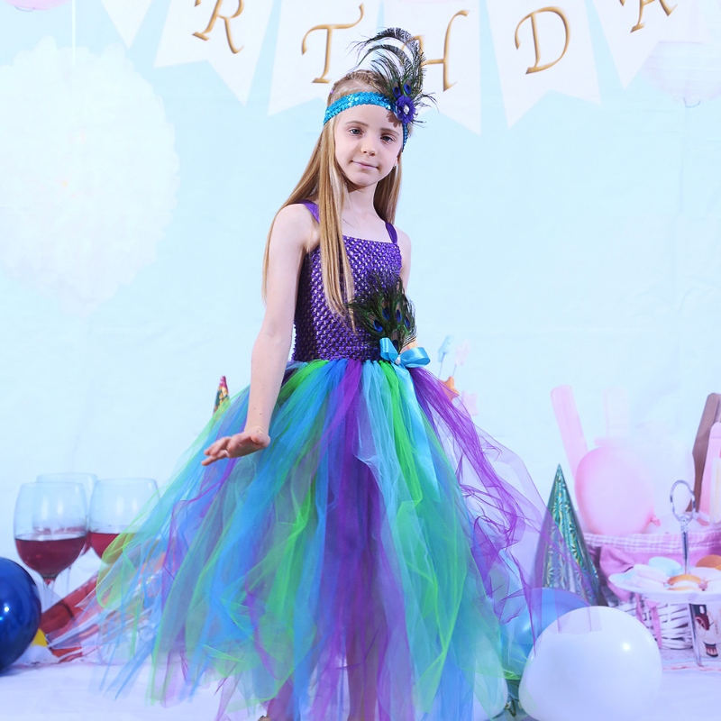 Lapset syksyn mekko riikinkukko sulka mesh hame baby prinsessa shire tutu -mekko