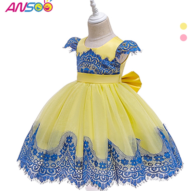Ansoo Gaby Girls Puff Sleeve Retro -juhlat Keltainen mekko Princess Bow Summer Tutu Pink -mekot tyttöjen lapsille