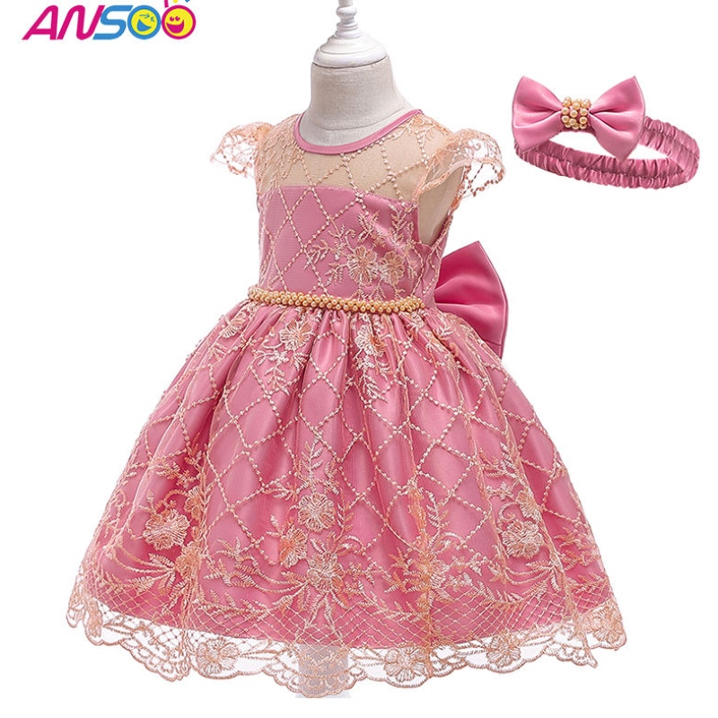 Ansoo Pretty Princess Girls Flower Wedding Dress Host Noble Performance Syntymäpäiväjuhlimekot Big Bow