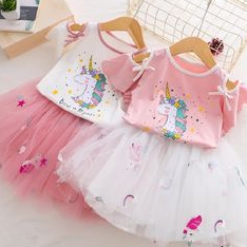Vauvan Tytöt Yksisarvinen Mekot Kesä T-paita + Tutu Prinsessa Mekko Lapset Lyhythihainen Vaatesetti Lapset 2kpl Juhla Asu